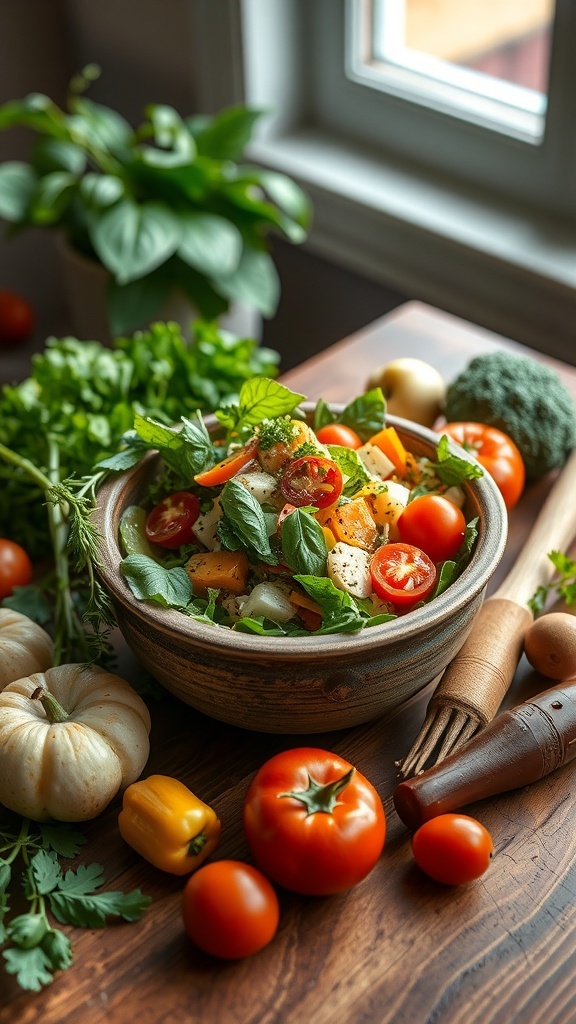 A vibrant salad in a rustic bowl with fresh vegetables and herbs, beautifully styled on a wooden table.